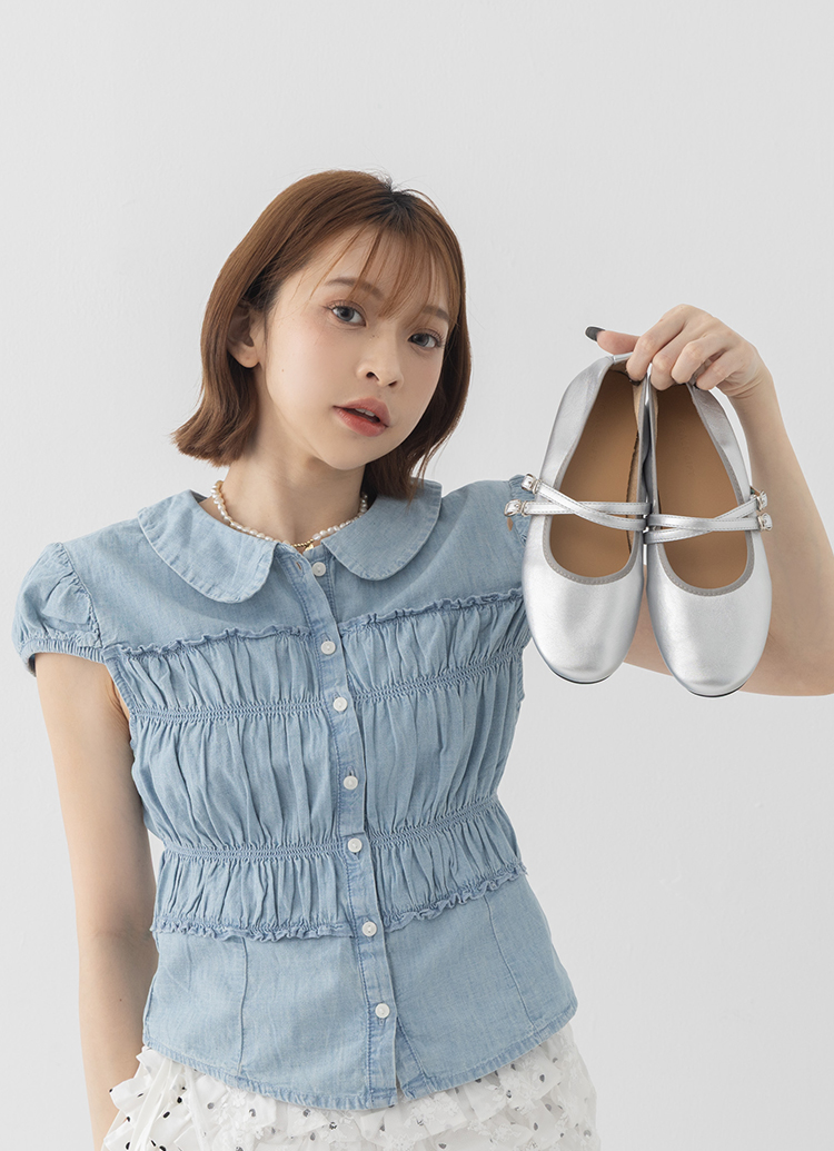 GraceGift平價女鞋 時尚秀場 圓頭 奶油雲朵極軟加厚乳膠芭蕾瑪莉珍鞋 銀色