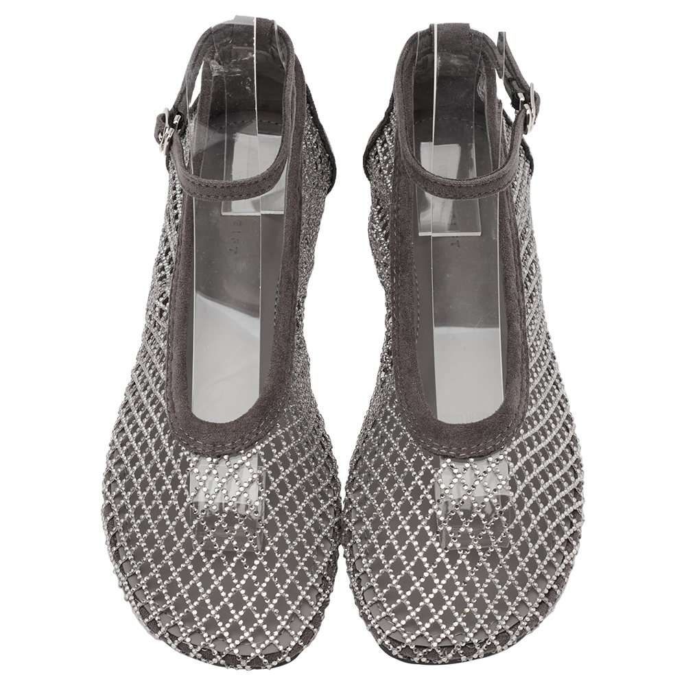GraceGift平價女鞋 灰色滿版燙鑽漁網細帶繞踝圓頭平底芭蕾舞鞋