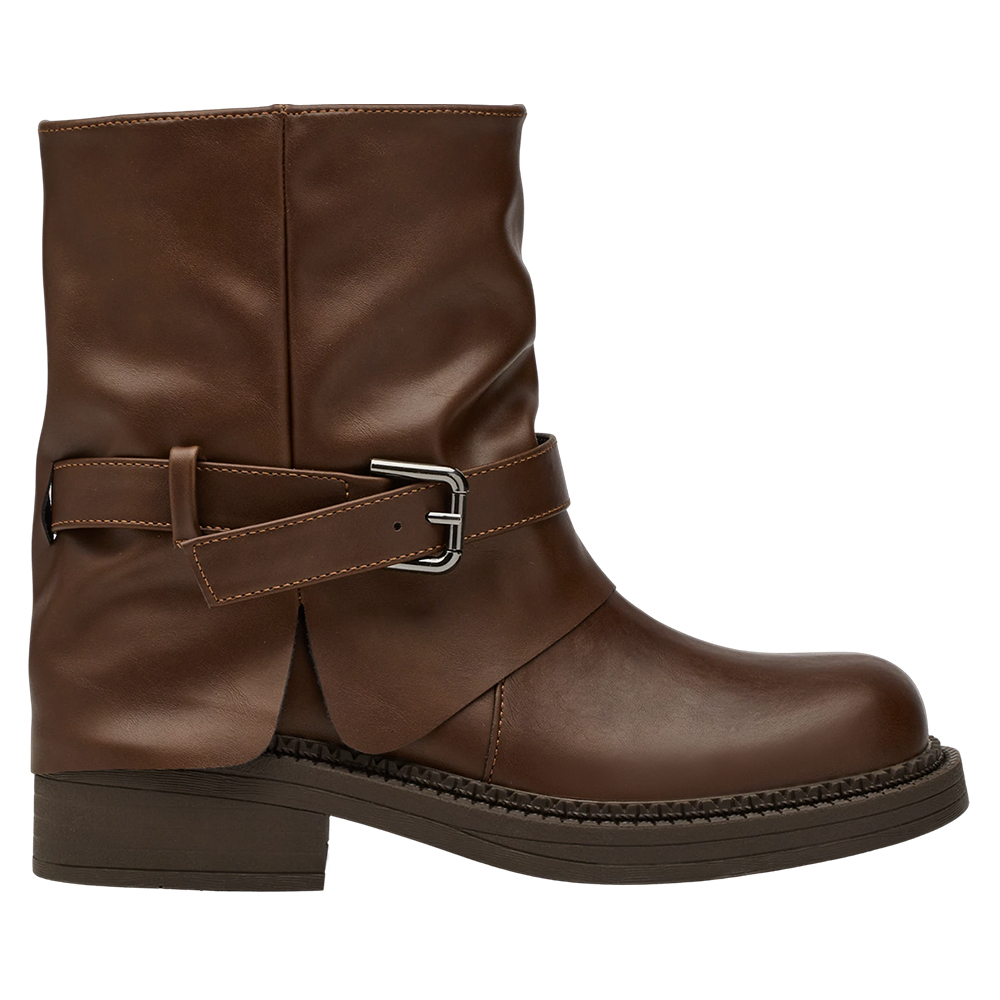 前衛時尚皮帶扣皺褶寬筒褲管短靴 咖