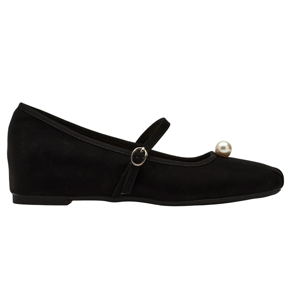 GraceGift平價女鞋 簡約珍珠 方頭撞色 內增高 瑪莉珍鞋 黑色