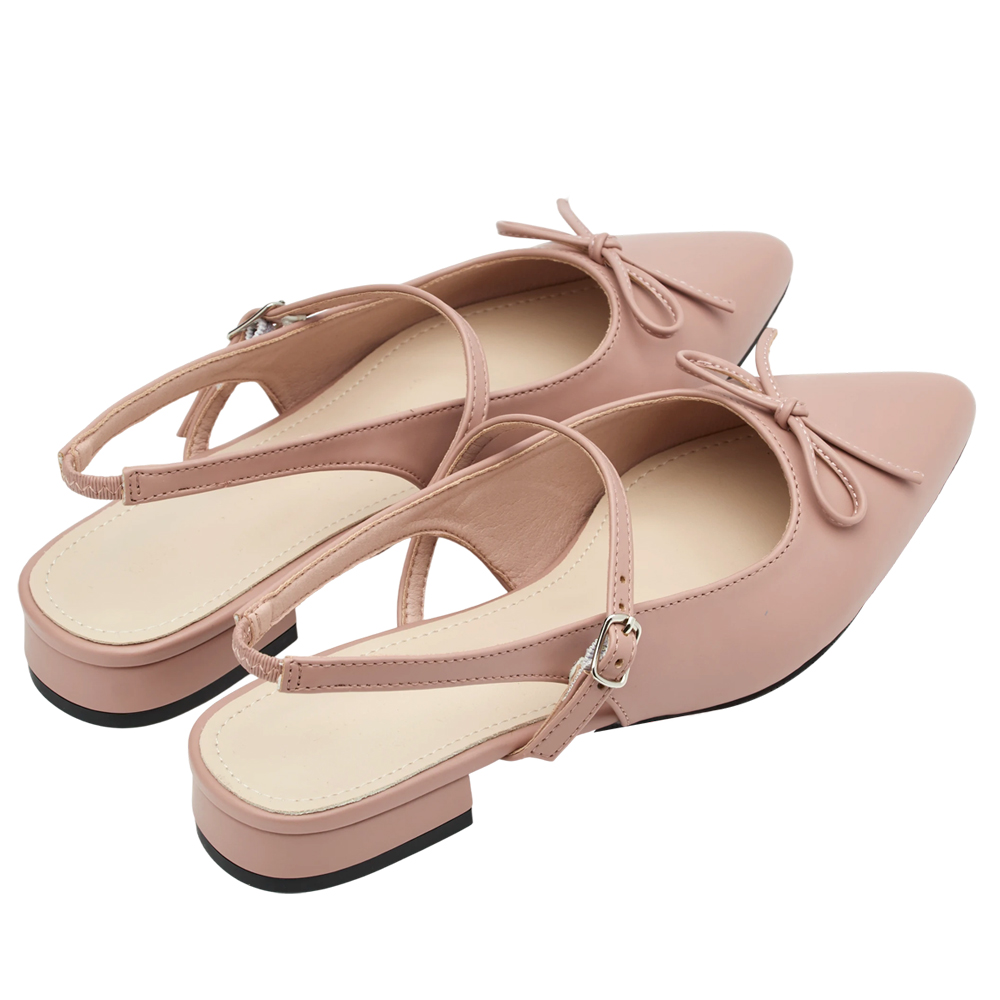 GraceGift 平價女鞋 法式尖頭 蝴蝶結後簍空芭蕾舞平底鞋 藕粉色