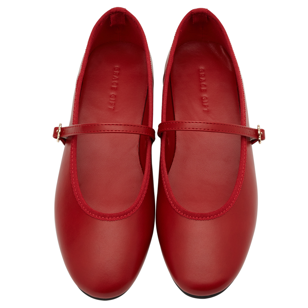 GraceGift平價女鞋 俏皮少女 素面 花釦 芭蕾舞瑪莉珍鞋 正紅