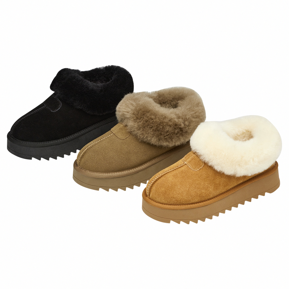 時髦雲朵暖絨牛麂皮短筒厚底雪靴 栗子