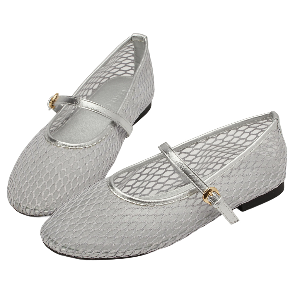 GraceGift平價女鞋 名人時尚 透膚網面 平底瑪莉珍鞋 銀色