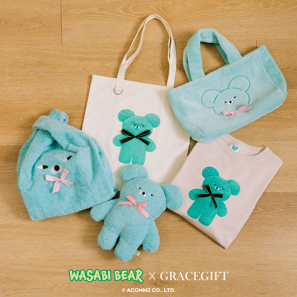 Grace Gift 平價女鞋 Wasabi Bear 聯名 芥末熊 格紋絨毛電繡 托特包 藍綠色 實拍圖