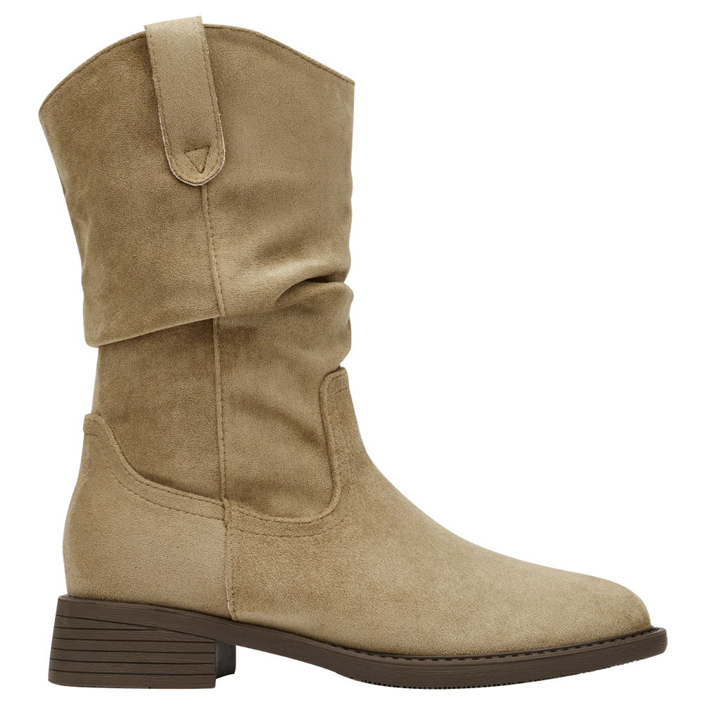 秋日復古皮革V口抓皺西部堆堆靴 淺駝