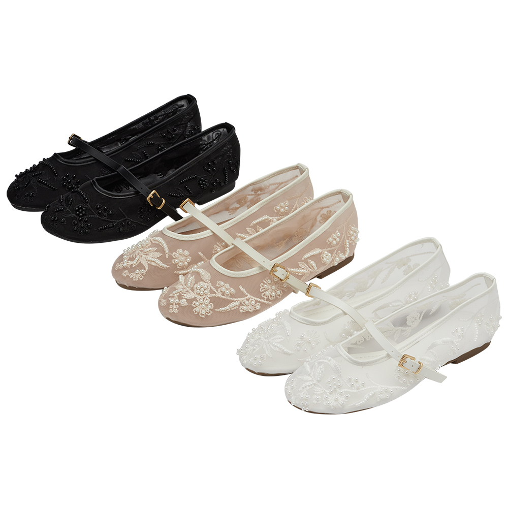 GraceGift平價女鞋 時尚秀場 圓頭 浪漫珍珠繡花網紗平底瑪莉珍鞋 杏色