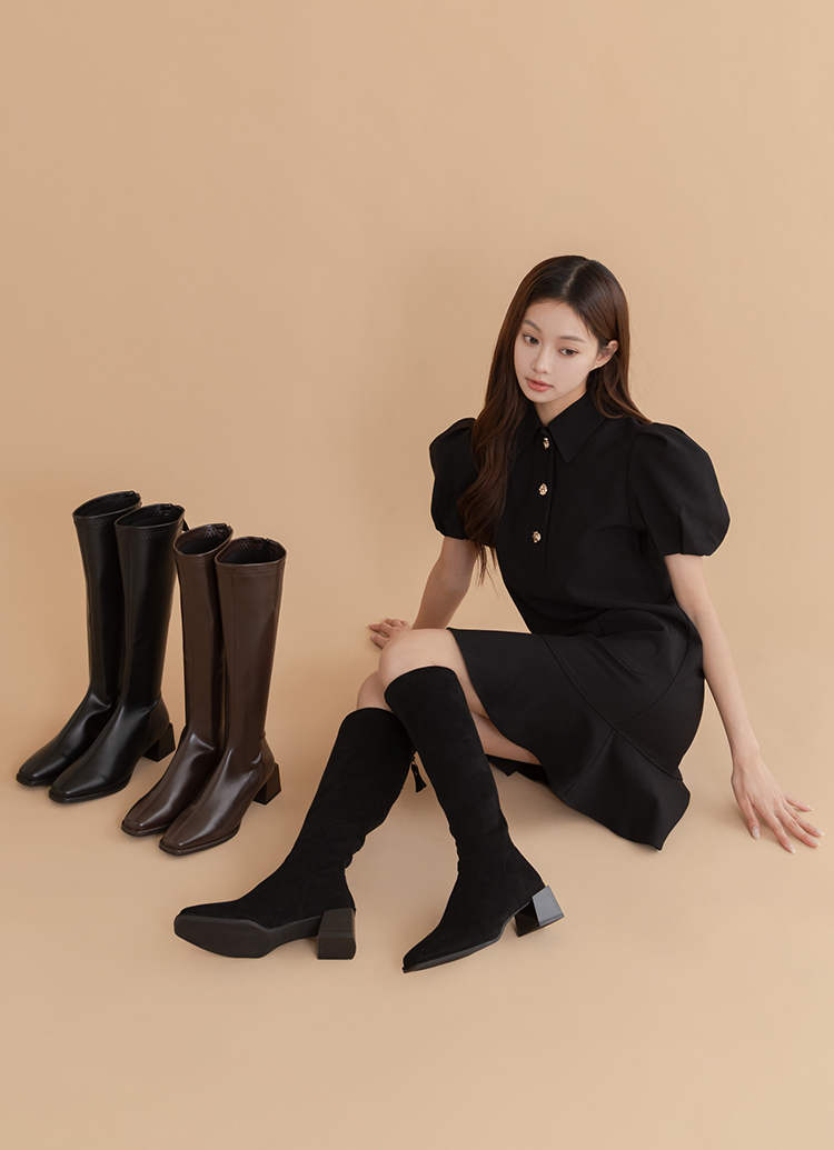 GraceGift平價女鞋 完美比例質感剪裁方頭低跟長筒靴 黑絨布