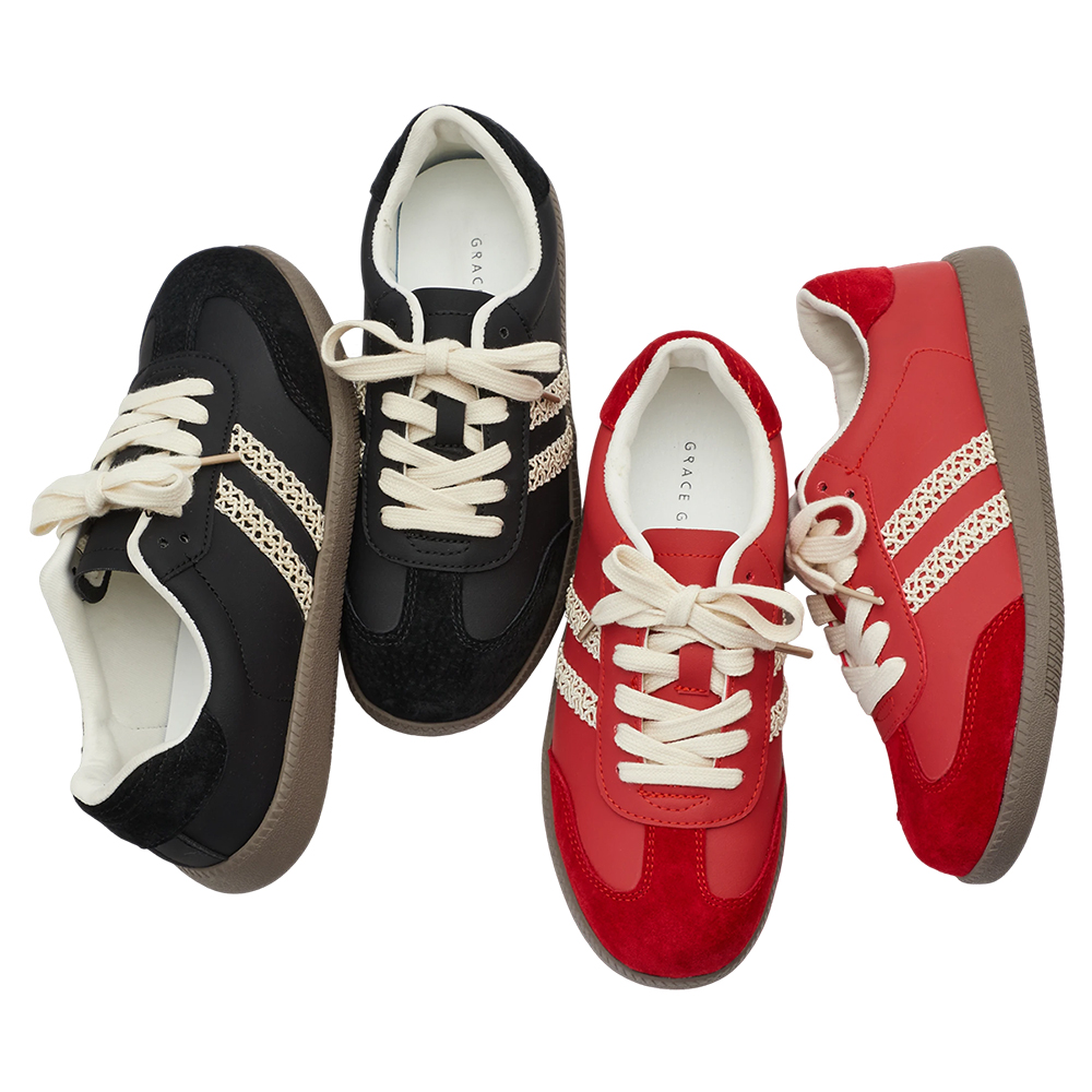 GraceGift 平價女鞋 復古摩登 真皮拼接薄底德訓鞋 附柔光紗帶 正紅色 實品圖