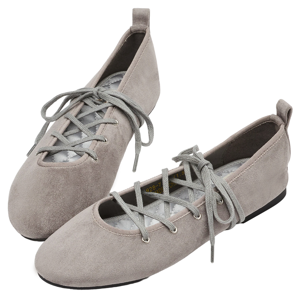 可可芭蕾絨面交叉綁繩芭蕾舞平底鞋 灰