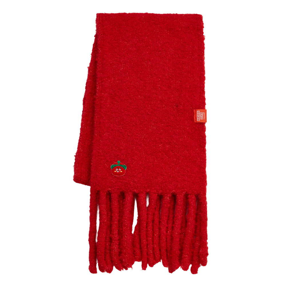 GraceGift Wasabi Bear聯名 辣椒醬熊 顆粒仿羊毛流蘇圍巾 正紅色 實拍圖