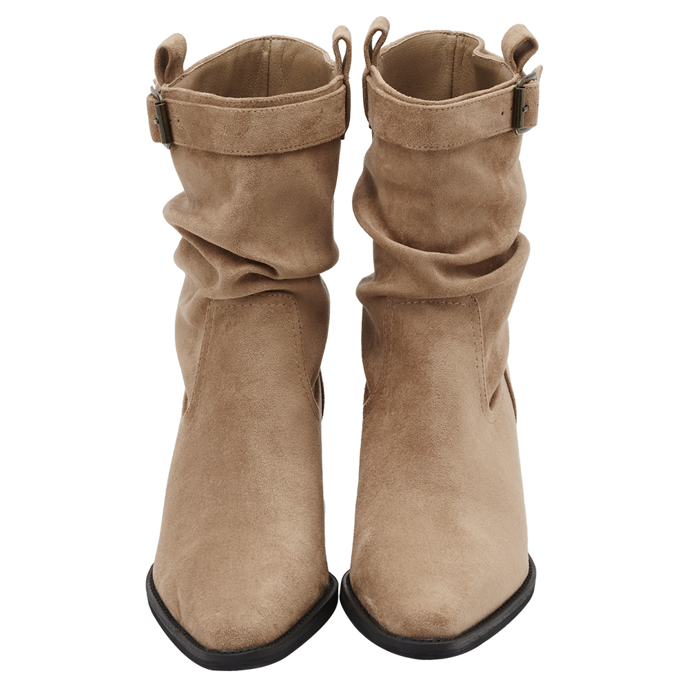 悅悅聯名-都會格調尖頭絨布2way堆堆低跟西部靴 卡其