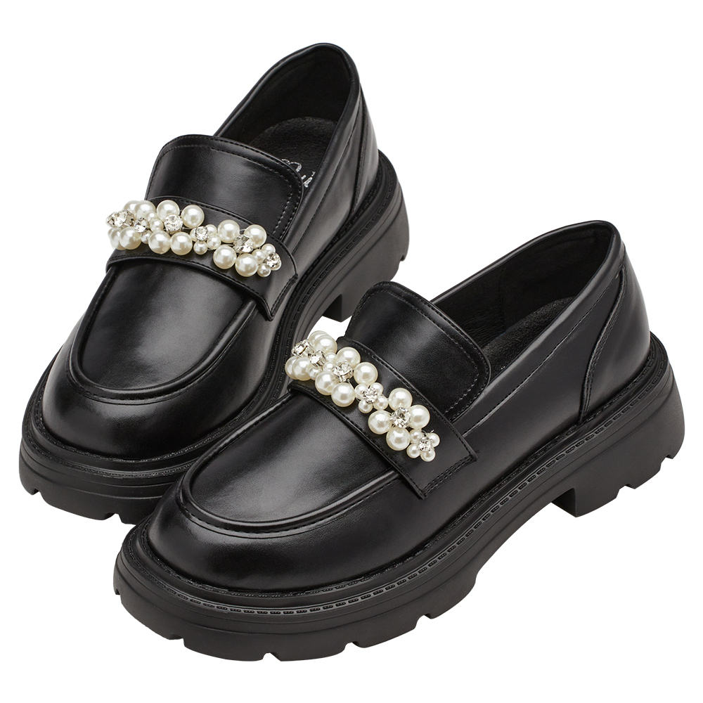 小貓聯名-奢耀珍珠水鑽輕量厚底樂福鞋 黑