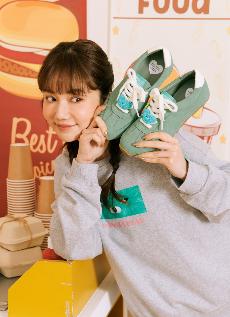 Grace Gift 平價女鞋 Wasabi Bear 聯名 芥末熊 休閒運動鞋 綠色 穿搭實拍