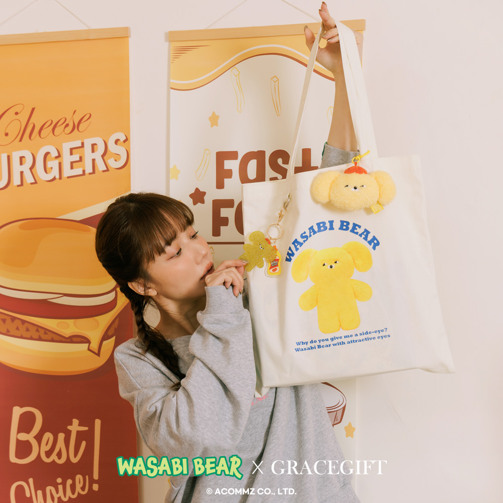 Grace Gift 平價女鞋 Wasabi Bear 聯名 黃芥末熊 印花帆布包 正紅色 實拍圖
