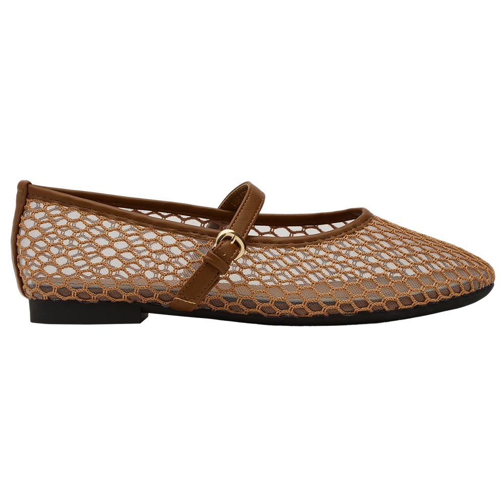 GraceGift平價女鞋 名人時尚 透膚網面 平底瑪莉珍鞋 棕色