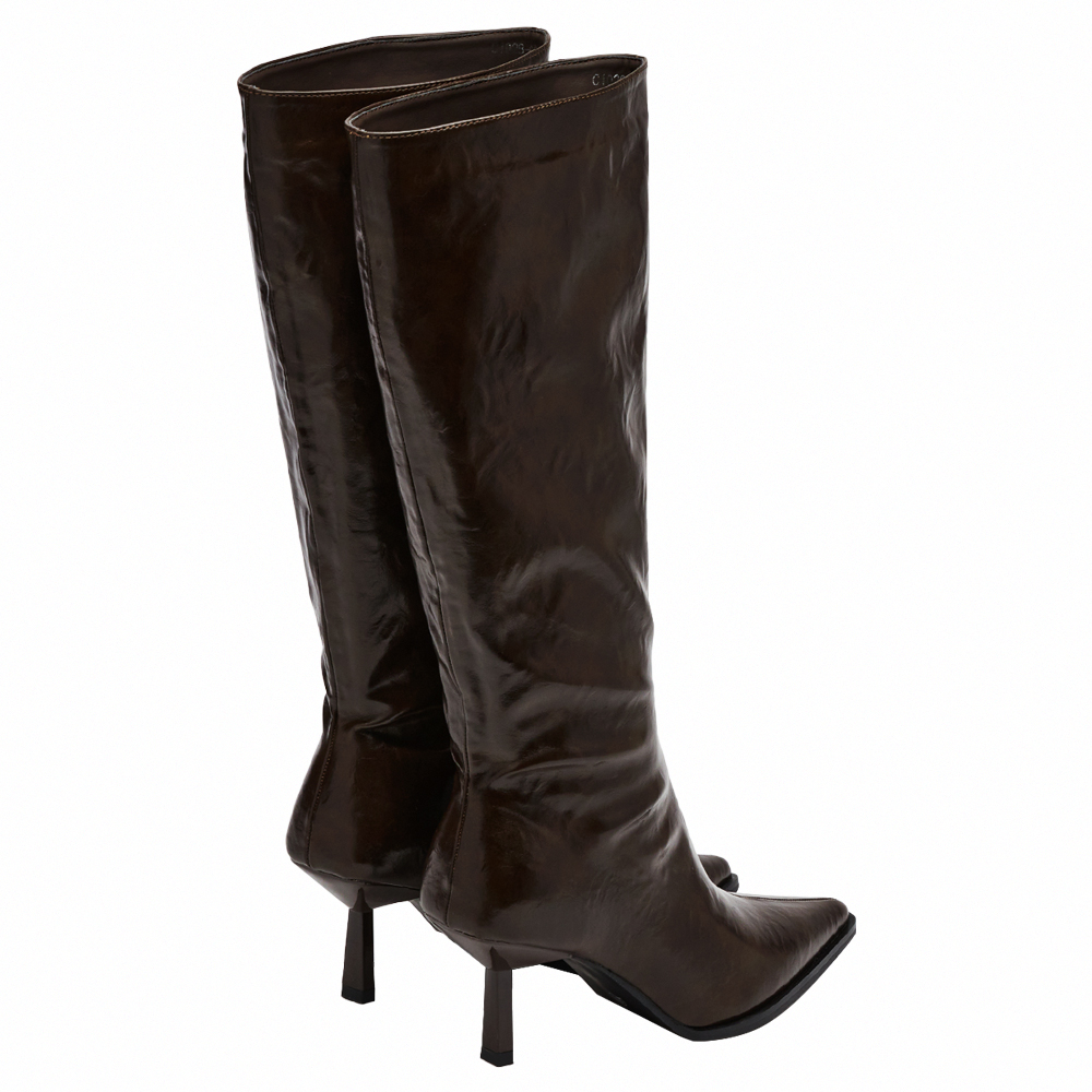 悅悅聯名-高級冷感漆皮尖頭細跟及膝長靴 咖