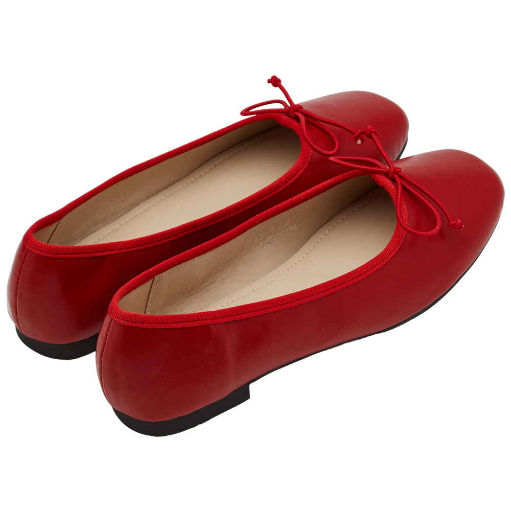 GraceGift平價女鞋 時尚秀場 方圓頭 法式經典蝴蝶結芭蕾舞平底娃娃鞋 正紅色
