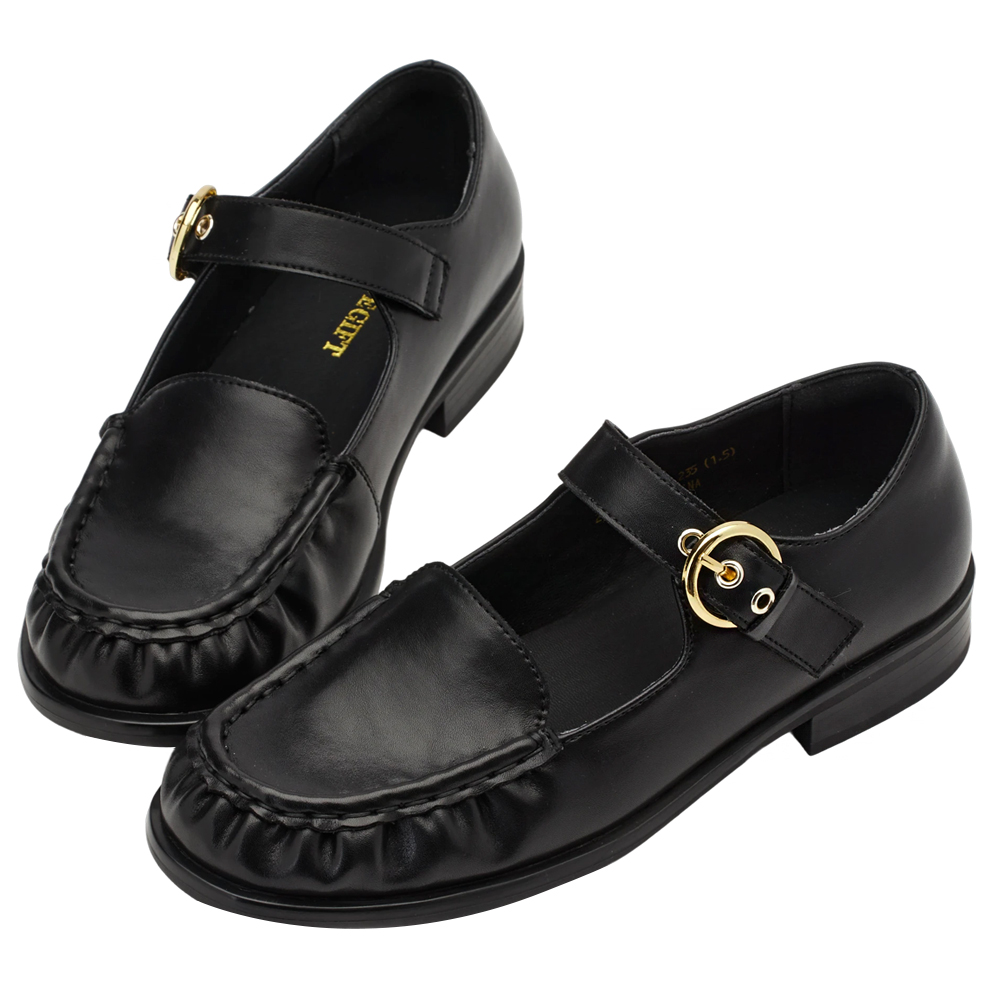 GraceGift平價女鞋 時尚秀場 圓頭 復古名媛金屬圓扣瑪莉珍樂福鞋 黑色