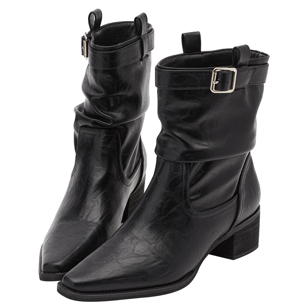 悅悅聯名-都會格調尖頭皮革2way堆堆低跟西部靴 黑