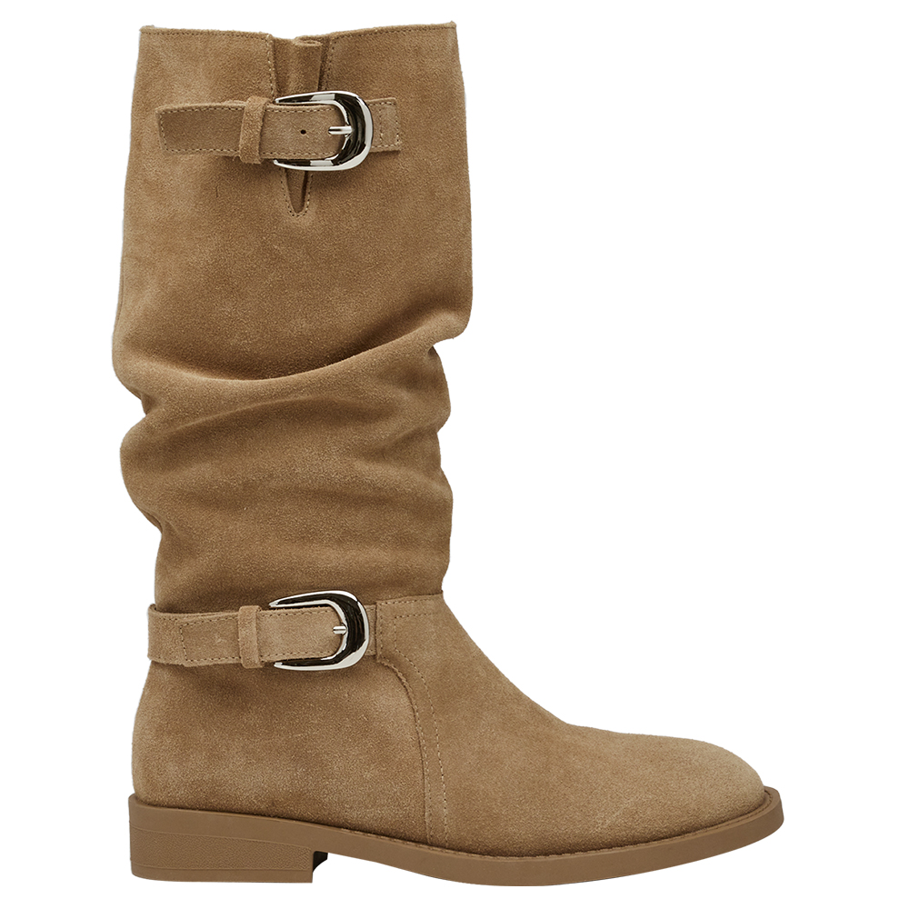 慵懶隨性麂皮雙層皮帶扣堆堆長靴 駝