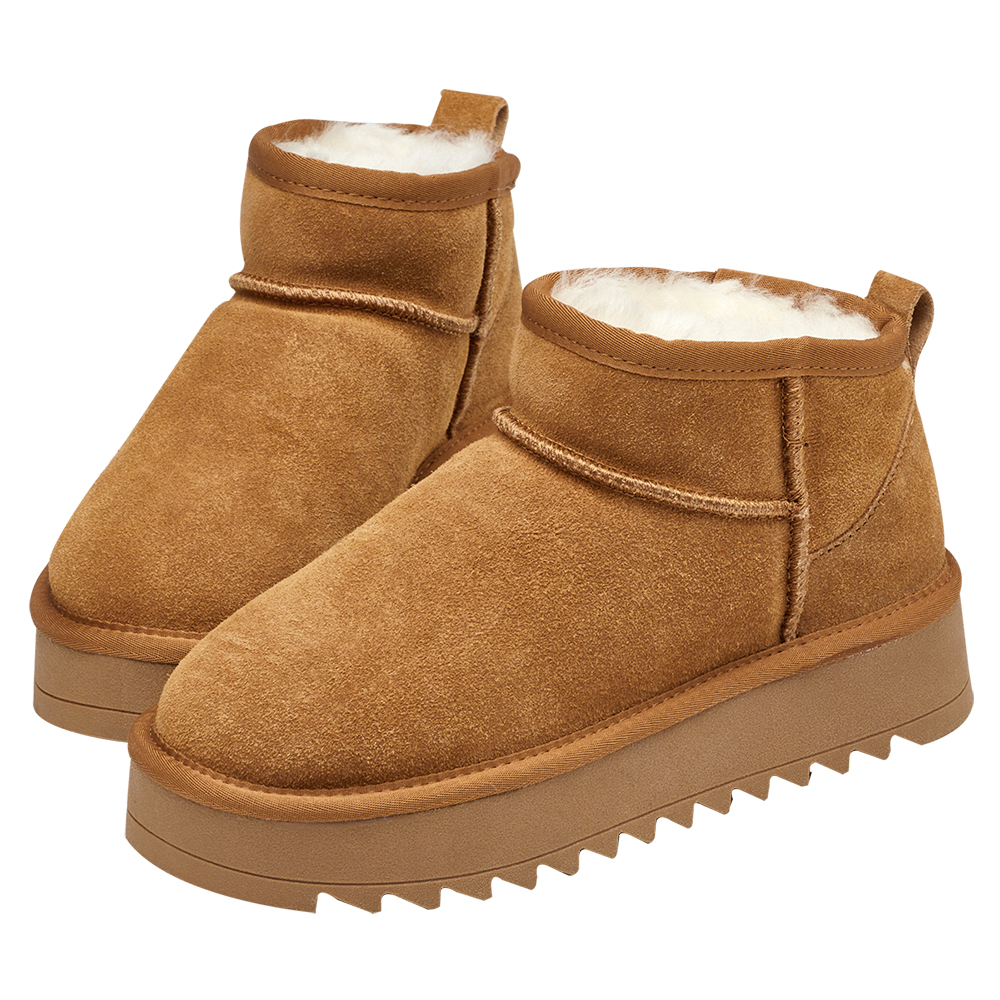 保暖神器暖絨牛麂皮短筒厚底雪靴 栗子